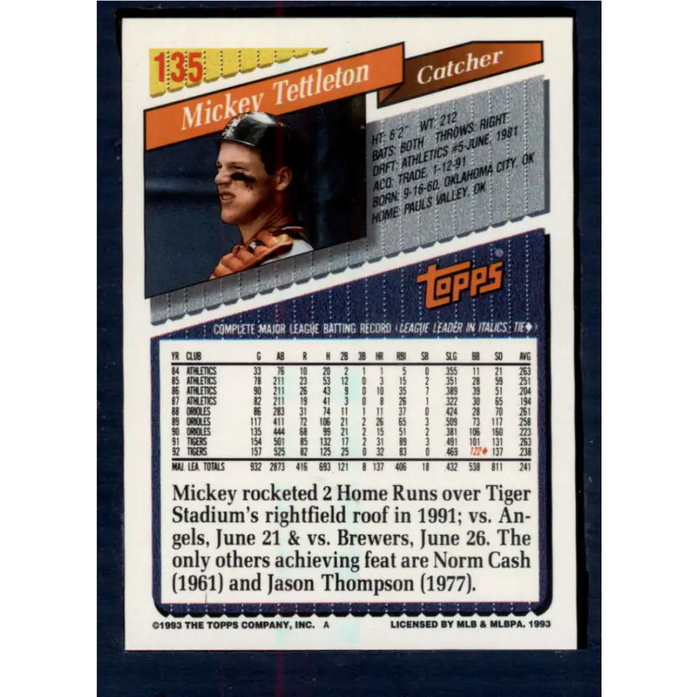 1993 Topps #135 Mickey Tettleton NM-MT Detroit Tigers Baseball Card  Image 2