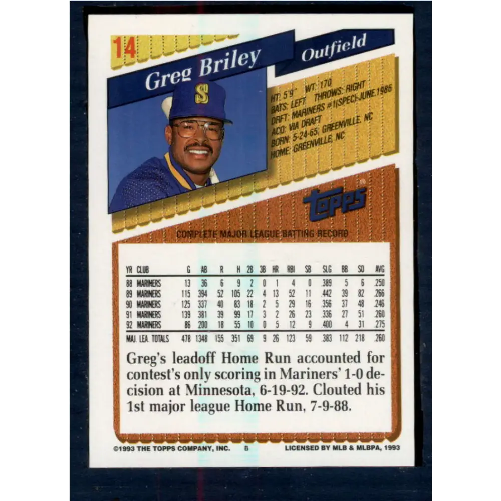 1993 Topps #14 Greg Briley NM-MT Seattle Mariners Baseball Card  Image 2