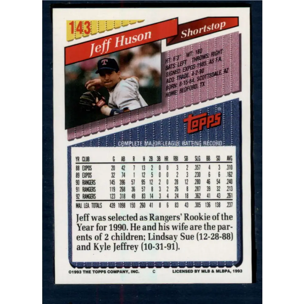 1993 Topps #143 Jeff Huson NM-MT Texas Rangers Baseball Card  Image 2