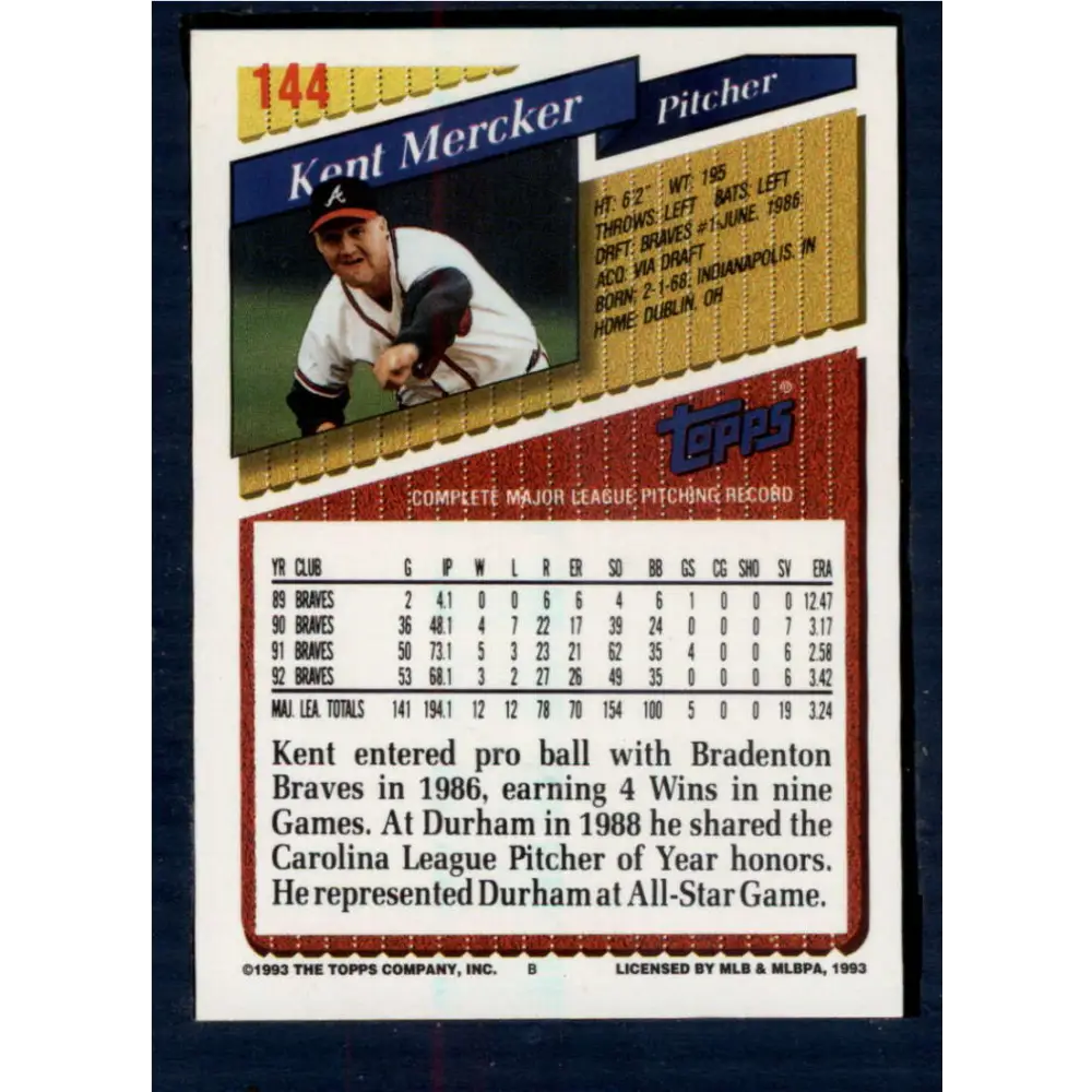 1993 Topps #144 Kent Mercker NM-MT Atlanta Braves Baseball Card  Image 2