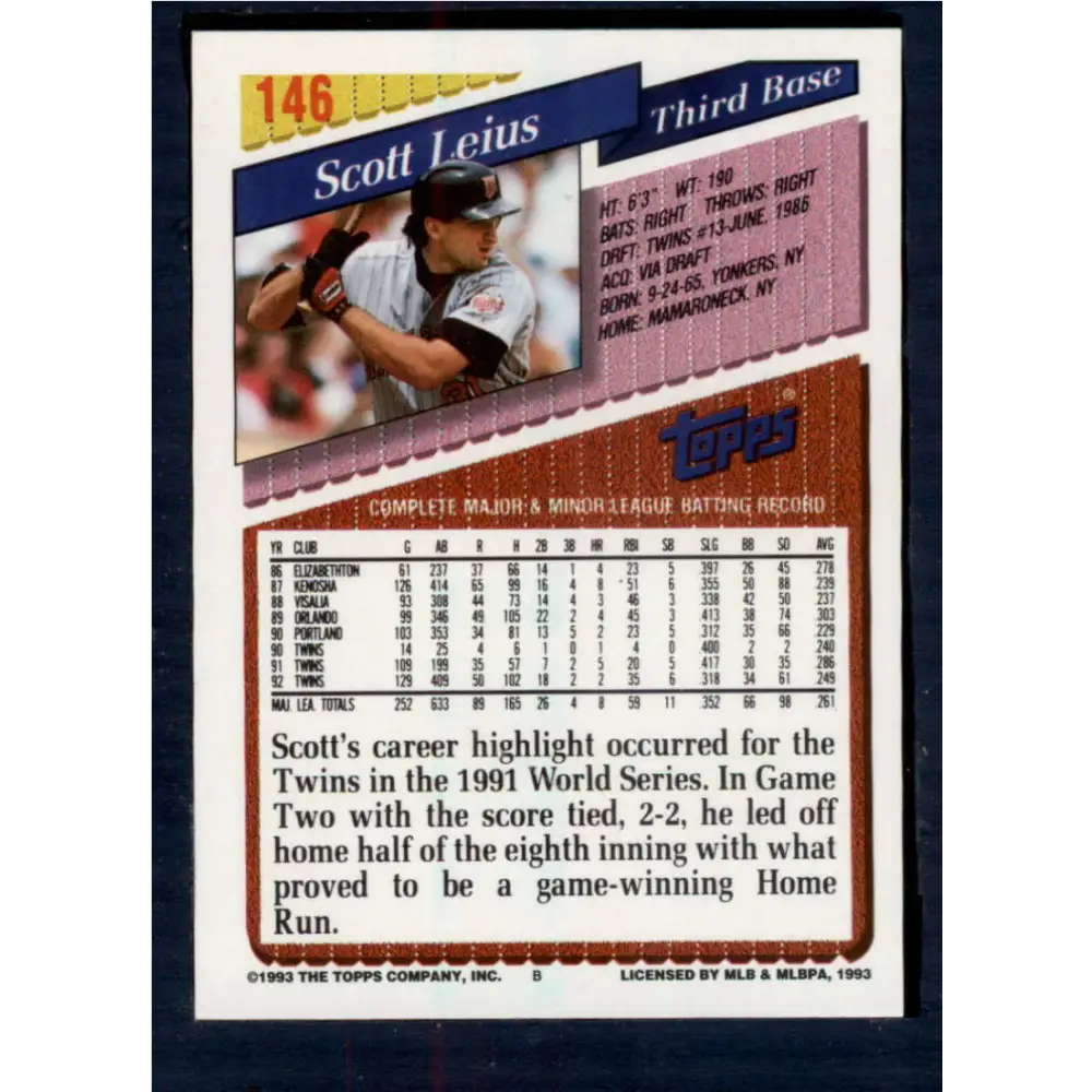 1993 Topps #146 Scott Leius NM-MT Minnesota Twins Baseball Card  Image 2