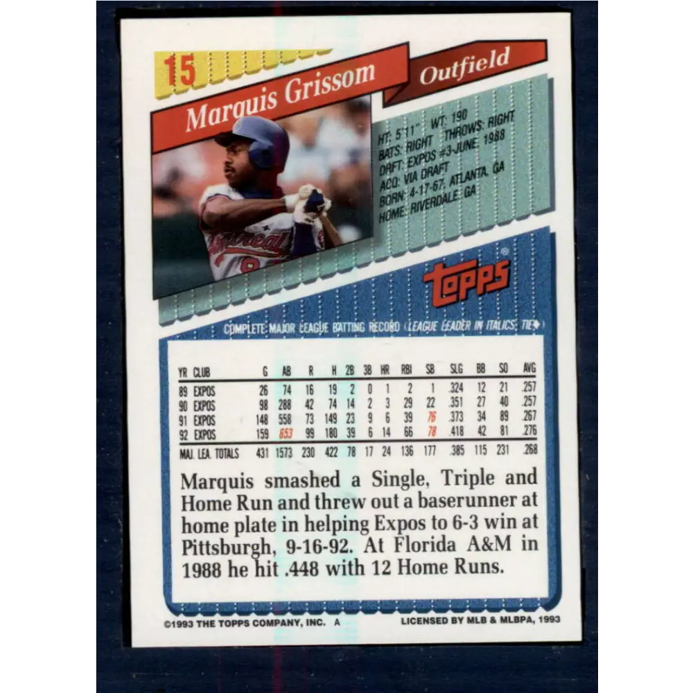 1993 Topps #15 Marquis Grissom NM-MT Montreal Expos Baseball Card  Image 2