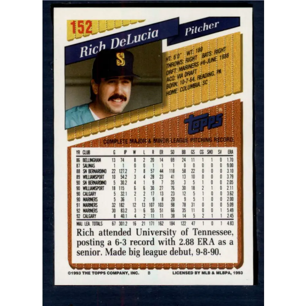 1993 Topps #152 Rich DeLucia NM-MT Seattle Mariners Baseball Card  Image 2