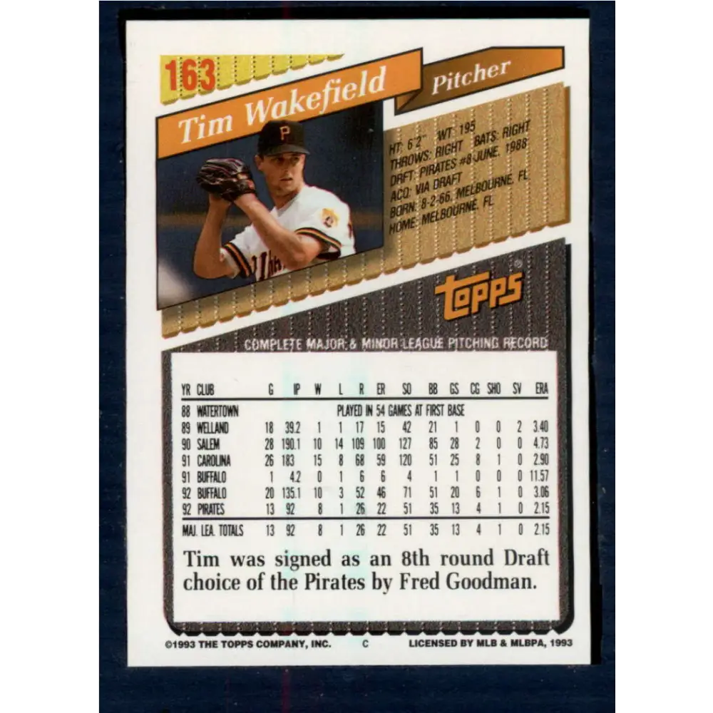 1993 Topps #163 Tim Wakefield NM-MT Pittsburgh Pirates Baseball Card  Image 2