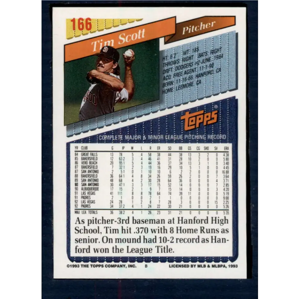 1993 Topps #166 Tim Scott NM-MT San Diego Padres Baseball Card  Image 2