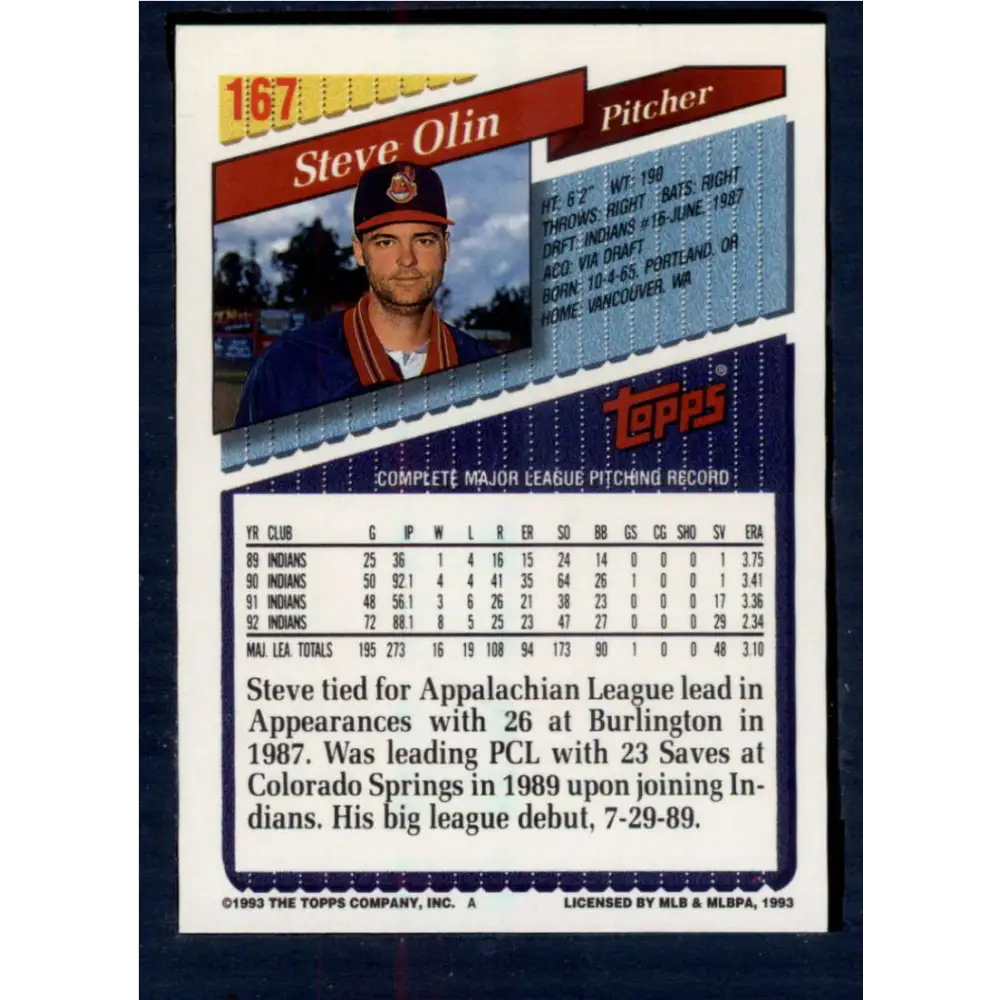 1993 Topps #167 Steve Olin NM-MT Cleveland Indians Baseball Card  Image 2