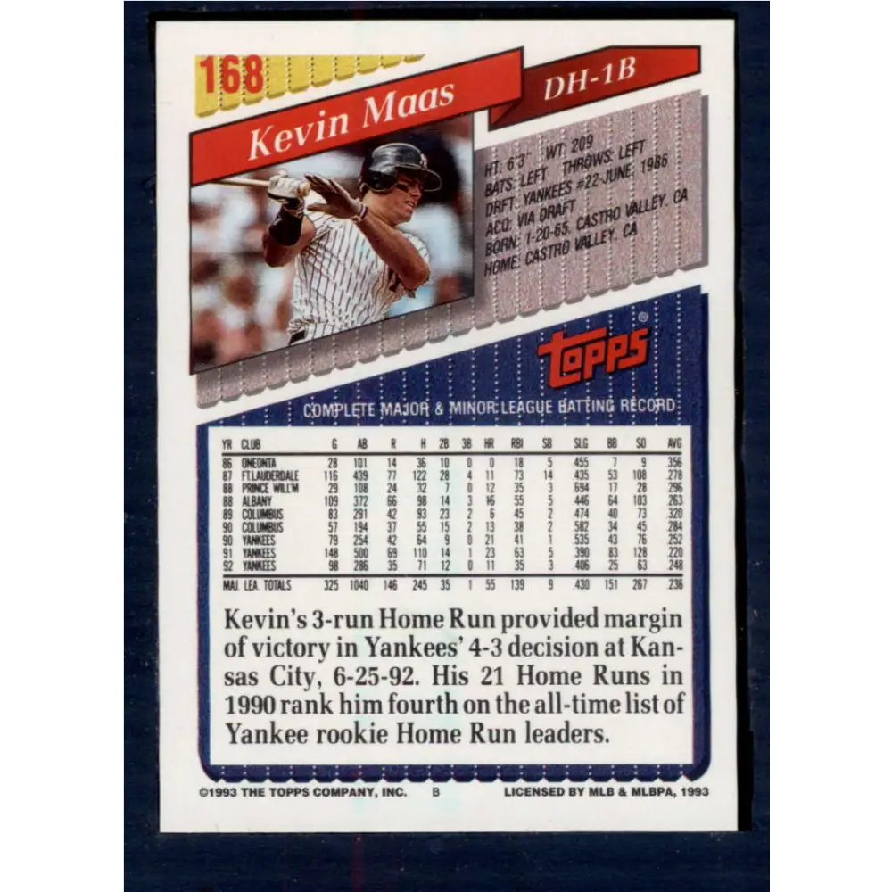 1993 Topps #168 Kevin Maas NM-MT New York Yankees Baseball Card  Image 2