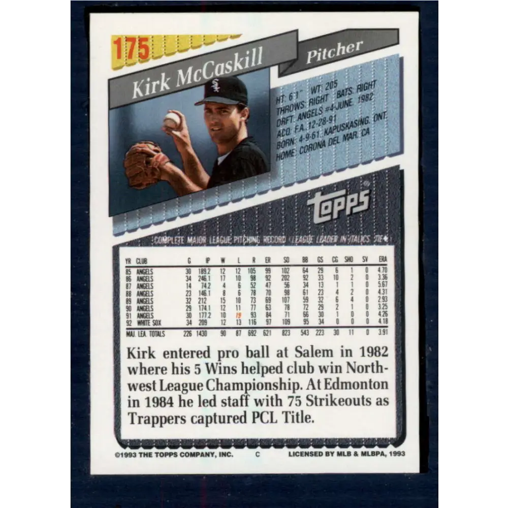 1993 Topps #175 Kirk McCaskill NM-MT Chicago White Sox Baseball Card  Image 2