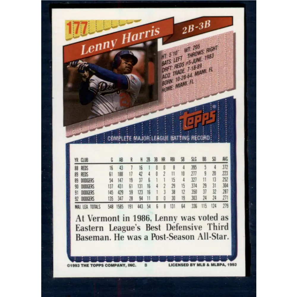 1993 Topps #177 Lenny Harris NM-MT Los Angeles Dodgers Baseball Card  Image 2