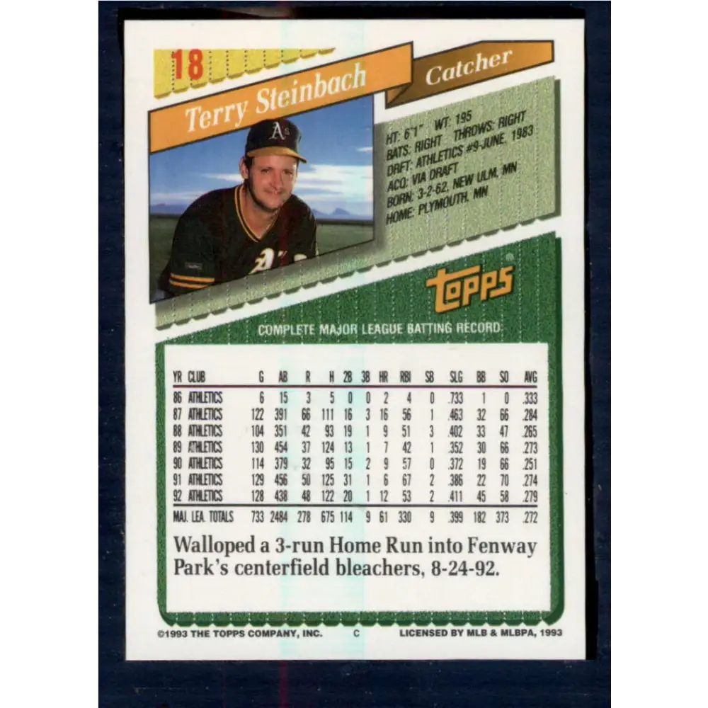 1993 Topps #18 Terry Steinbach NM-MT Oakland Athletics Baseball Card  Image 2