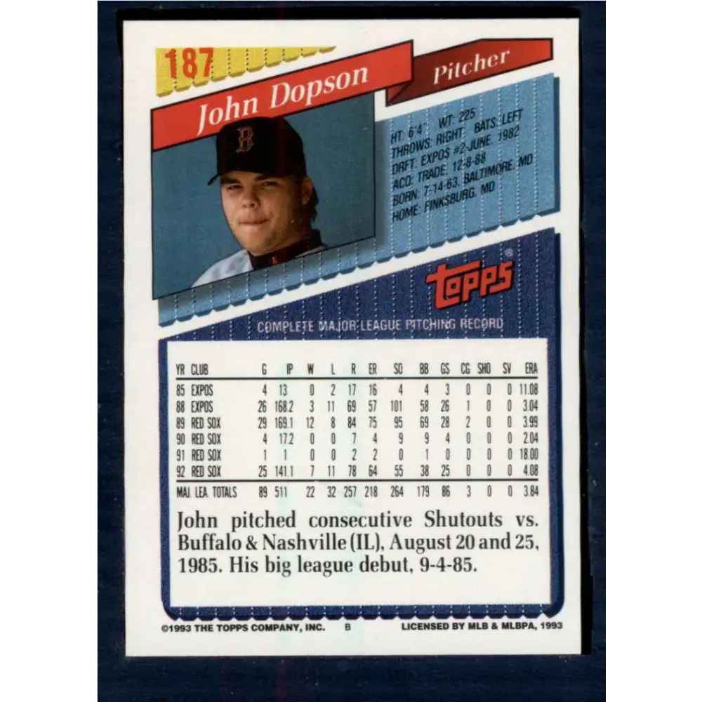 1993 Topps #187 John Dopson NM-MT Boston Red Sox Baseball Card  Image 2