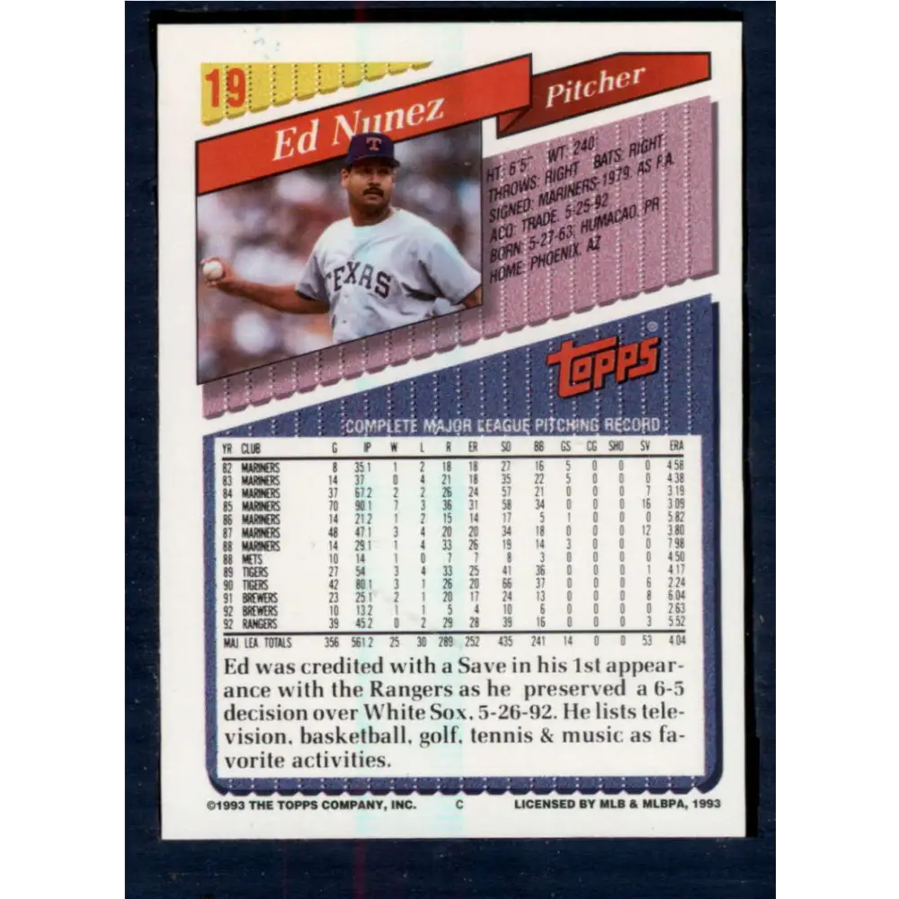 1993 Topps #19 Edwin Nunez NM-MT Texas Rangers Baseball Card  Image 2