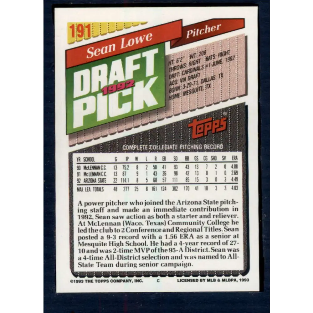 1993 Topps #191 Sean Lowe NM-MT RC Rookie St. Louis Cardinals Baseball Card  Image 2