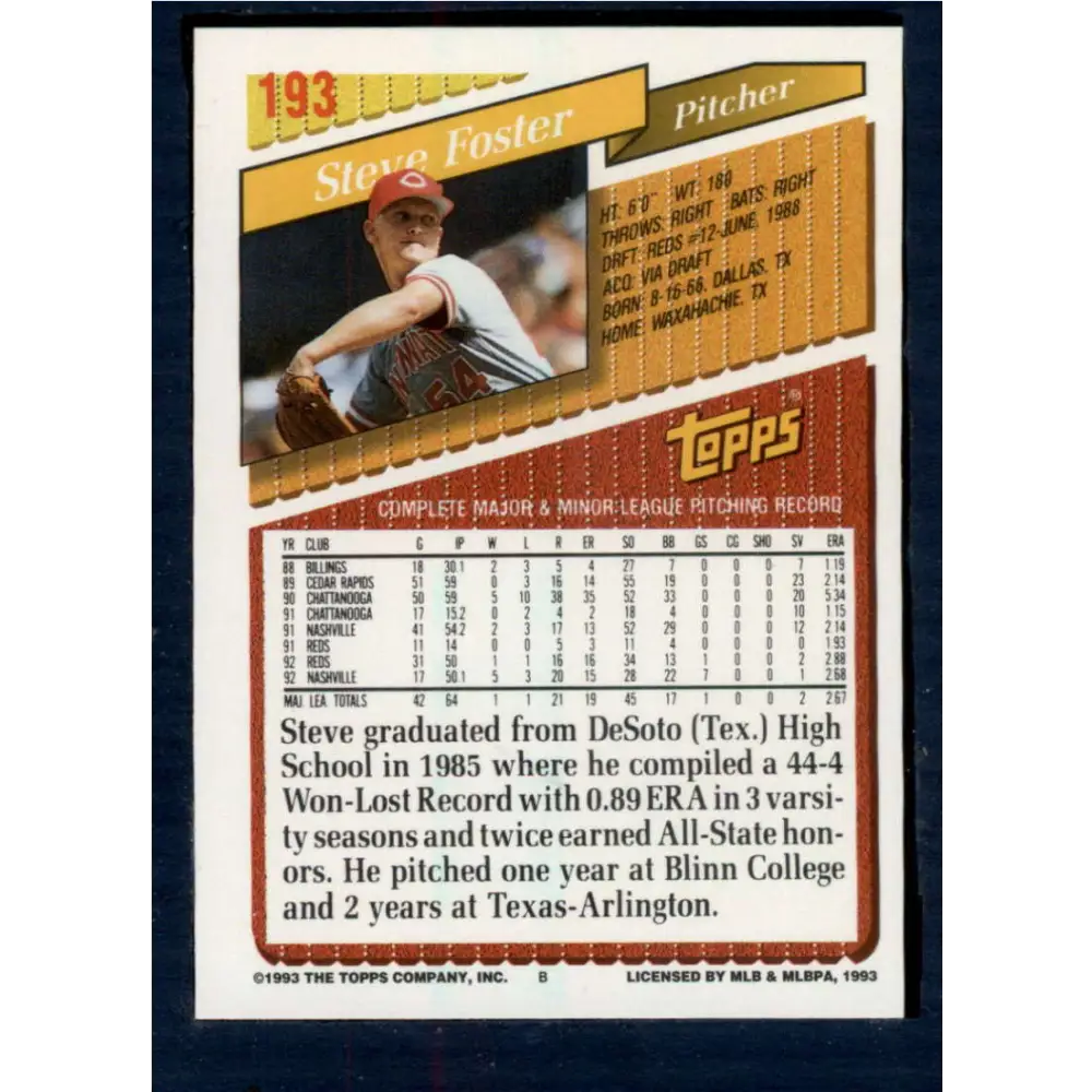 1993 Topps #193 Steve Foster NM-MT Cincinnati Reds Baseball Card  Image 2