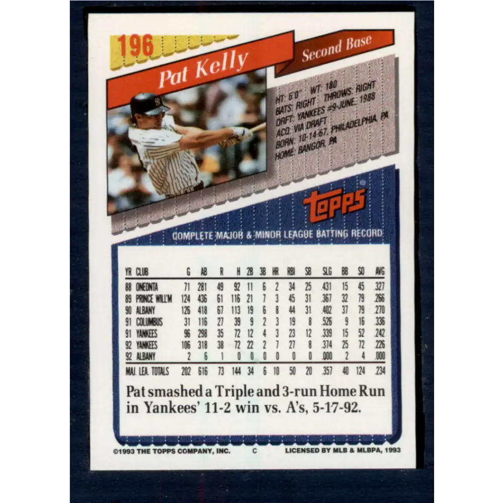 1993 Topps #196 Pat Kelly NM-MT New York Yankees Baseball Card  Image 2