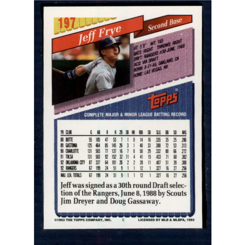 1993 Topps #197 Jeff Frye NM-MT Texas Rangers Baseball Card  Image 2
