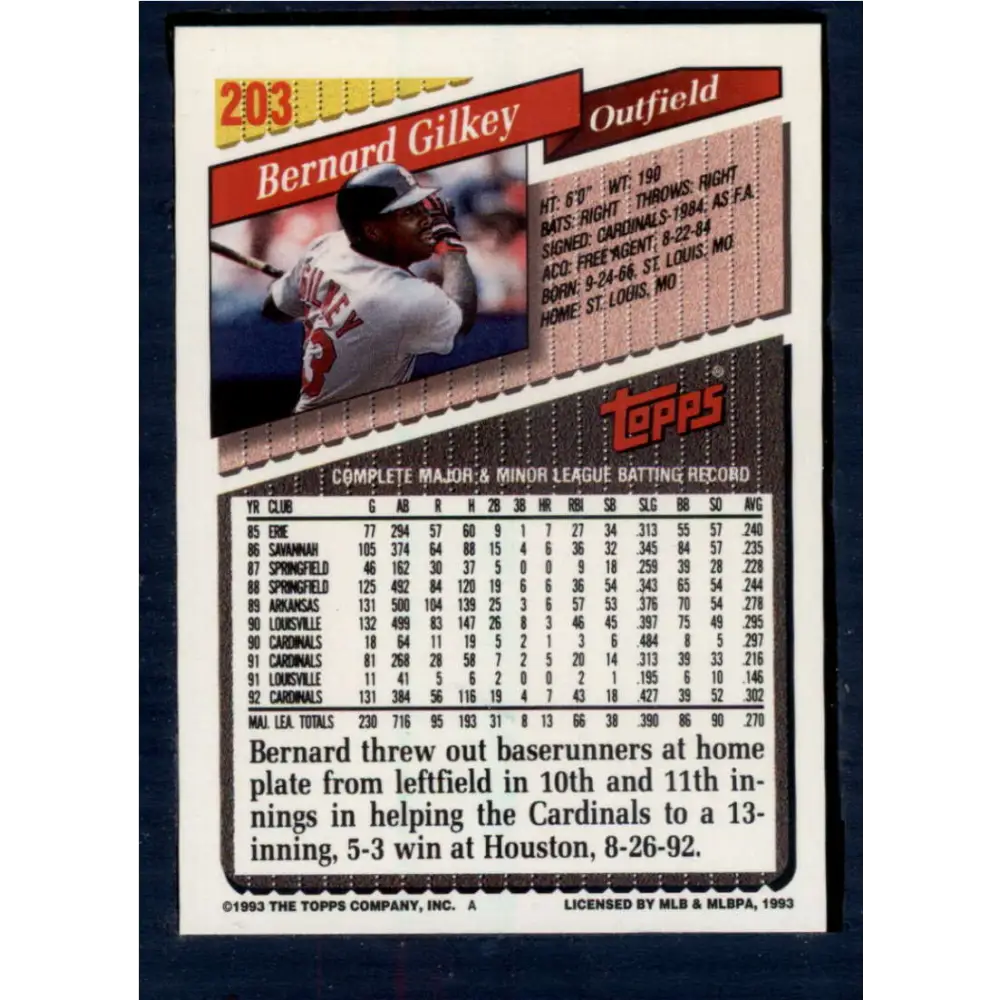 1993 Topps #203 Bernard Gilkey NM-MT St. Louis Cardinals Baseball Card  Image 2