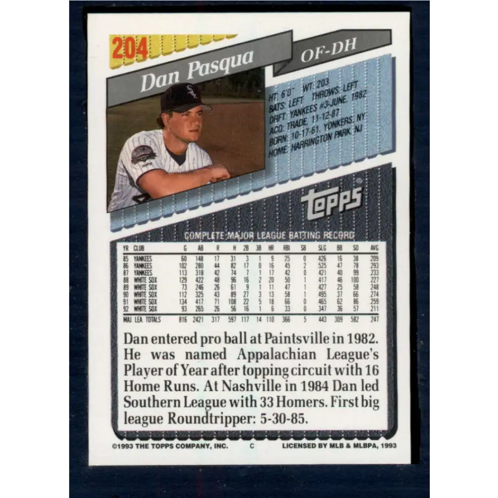 1993 Topps #204 Dan Pasqua NM-MT Chicago White Sox Baseball Card  Image 2