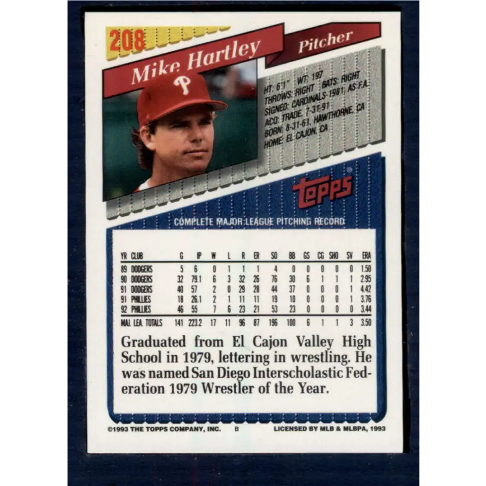 1993 Topps #208 Mike Hartley NM-MT Philadelphia Phillies Baseball Card  Image 2