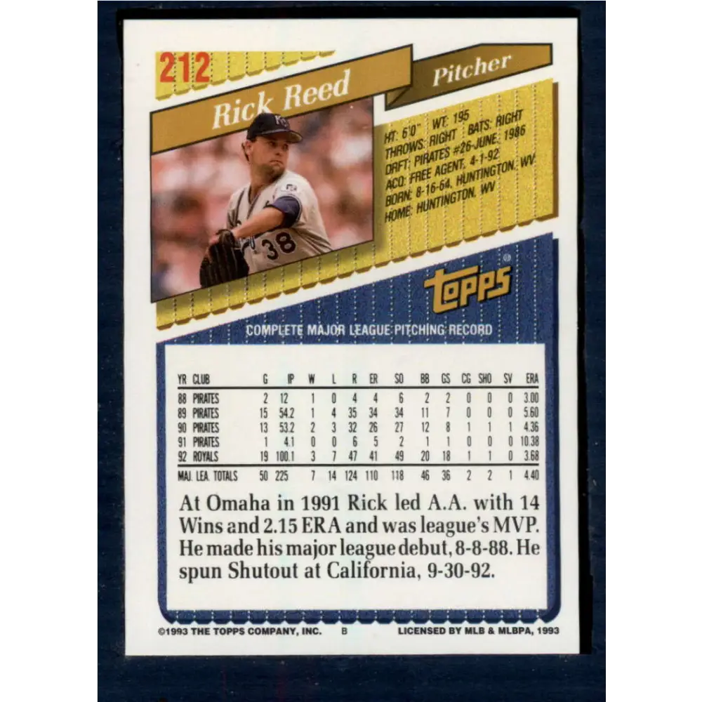 1993 Topps #212 Rick Reed NM-MT Kansas City Royals Baseball Card  Image 2