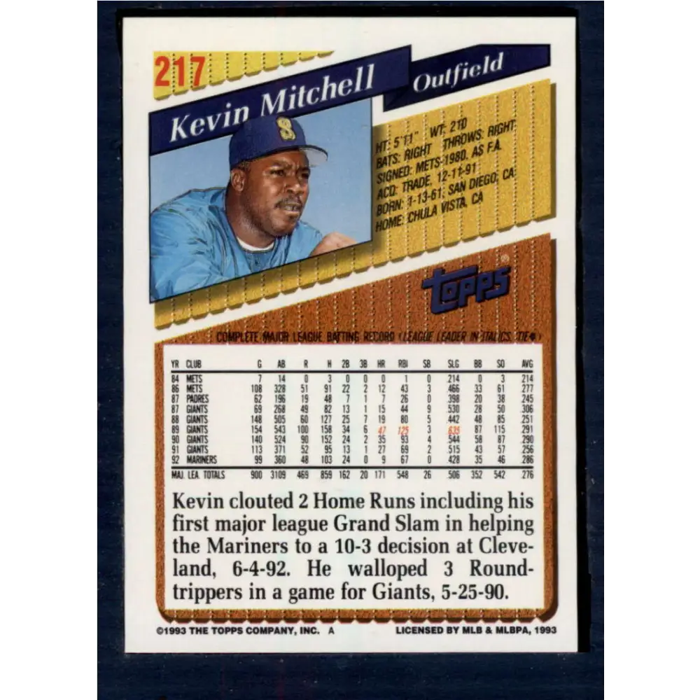 1993 Topps #217 Kevin Mitchell NM-MT Seattle Mariners Baseball Card  Image 2