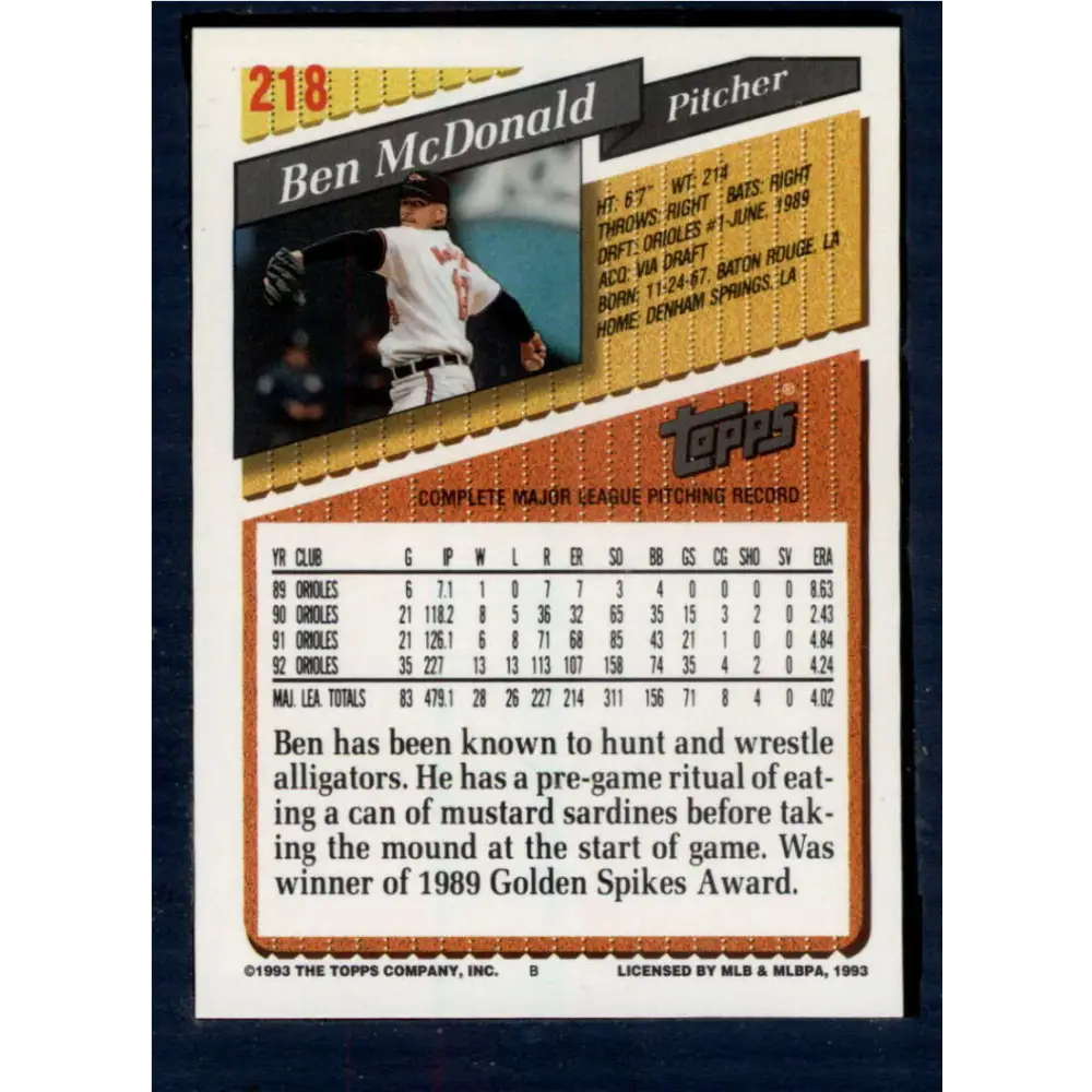 1993 Topps #218 Ben McDonald NM-MT Baltimore Orioles Baseball Card  Image 2