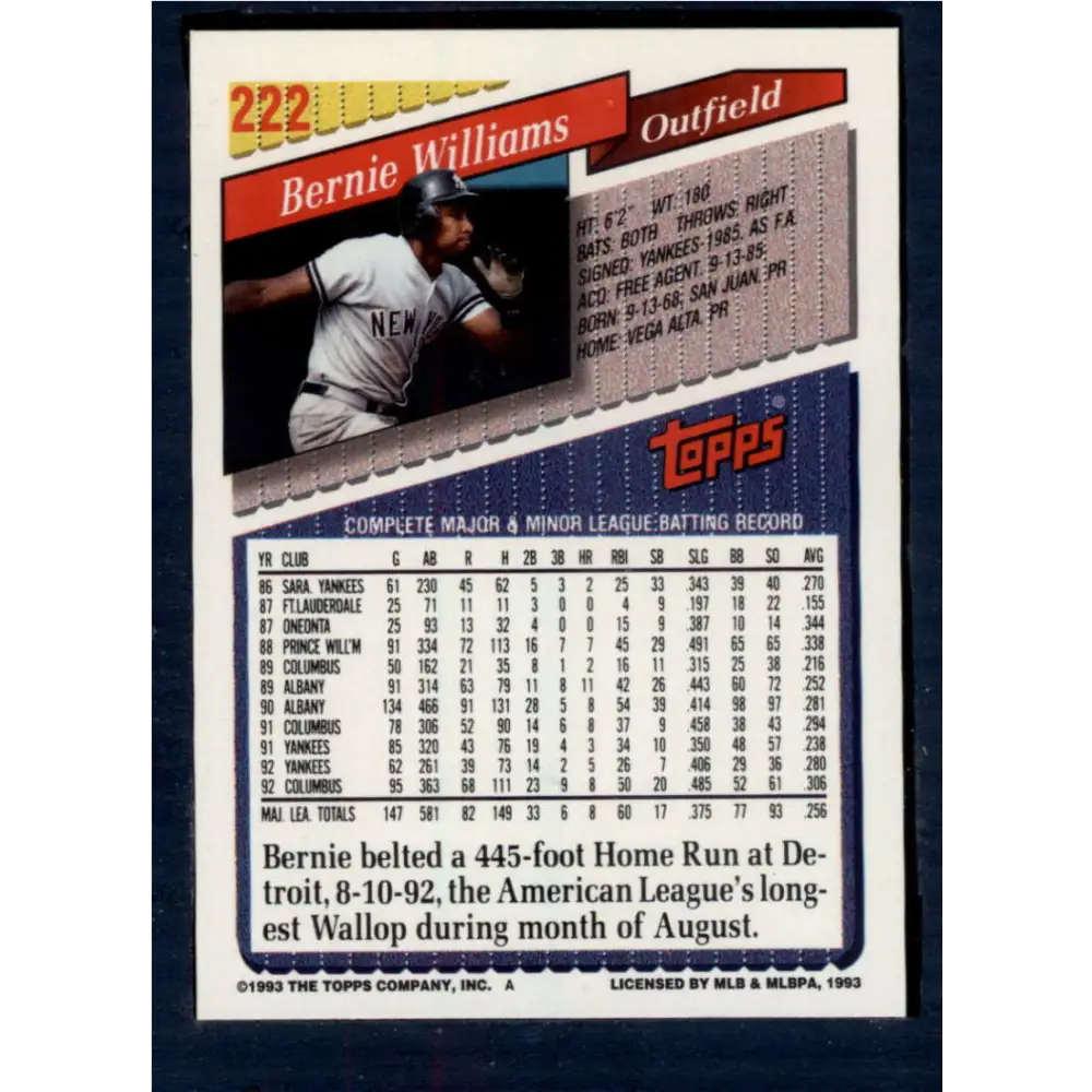 1993 Topps #222 Bernie Williams NM-MT New York Yankees Baseball Card  Image 2