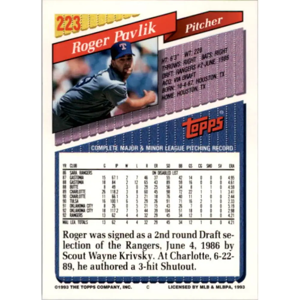 1993 Topps #223 Roger Pavlik NM-MT Texas Rangers Baseball Card  Image 2