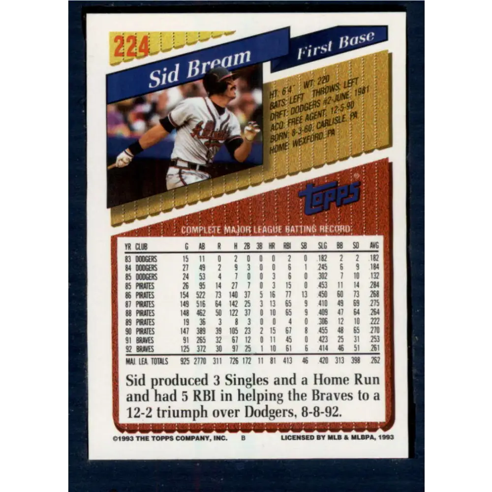 1993 Topps #224 Sid Bream NM-MT Atlanta Braves Baseball Card  Image 2