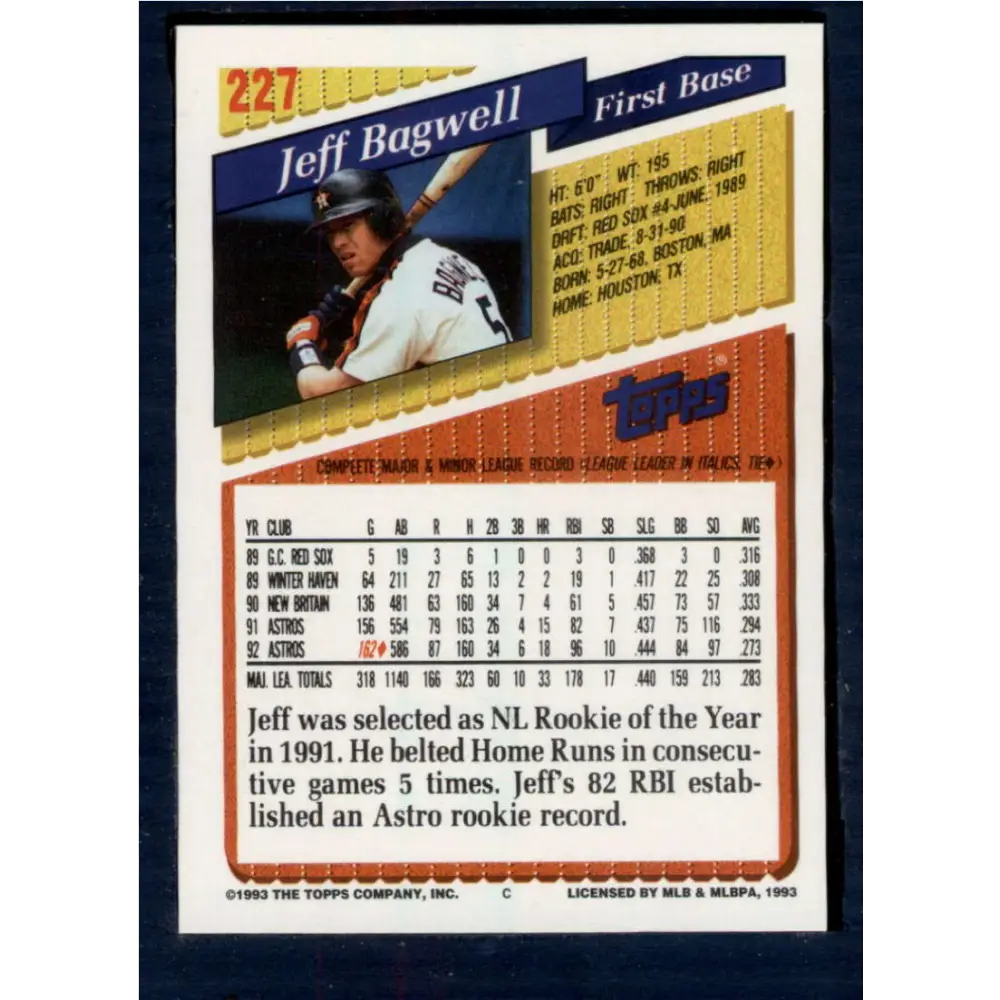 1993 Topps #227 Jeff Bagwell NM-MT Houston Astros Baseball Card  Image 2
