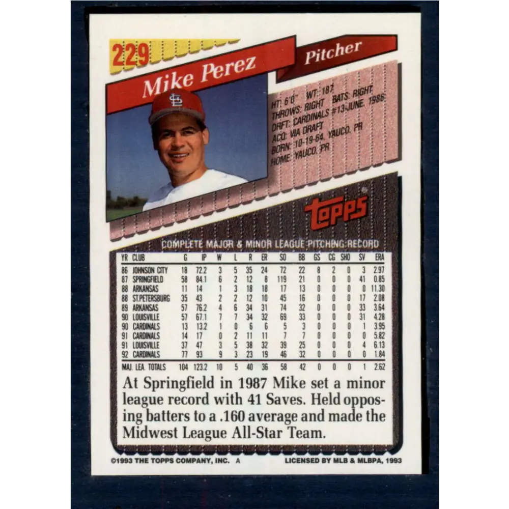1993 Topps #229 Mike Perez NM-MT St. Louis Cardinals Baseball Card  Image 2