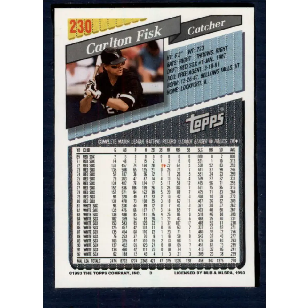 1993 Topps #230 Carlton Fisk NM-MT Chicago White Sox Baseball Card  Image 2