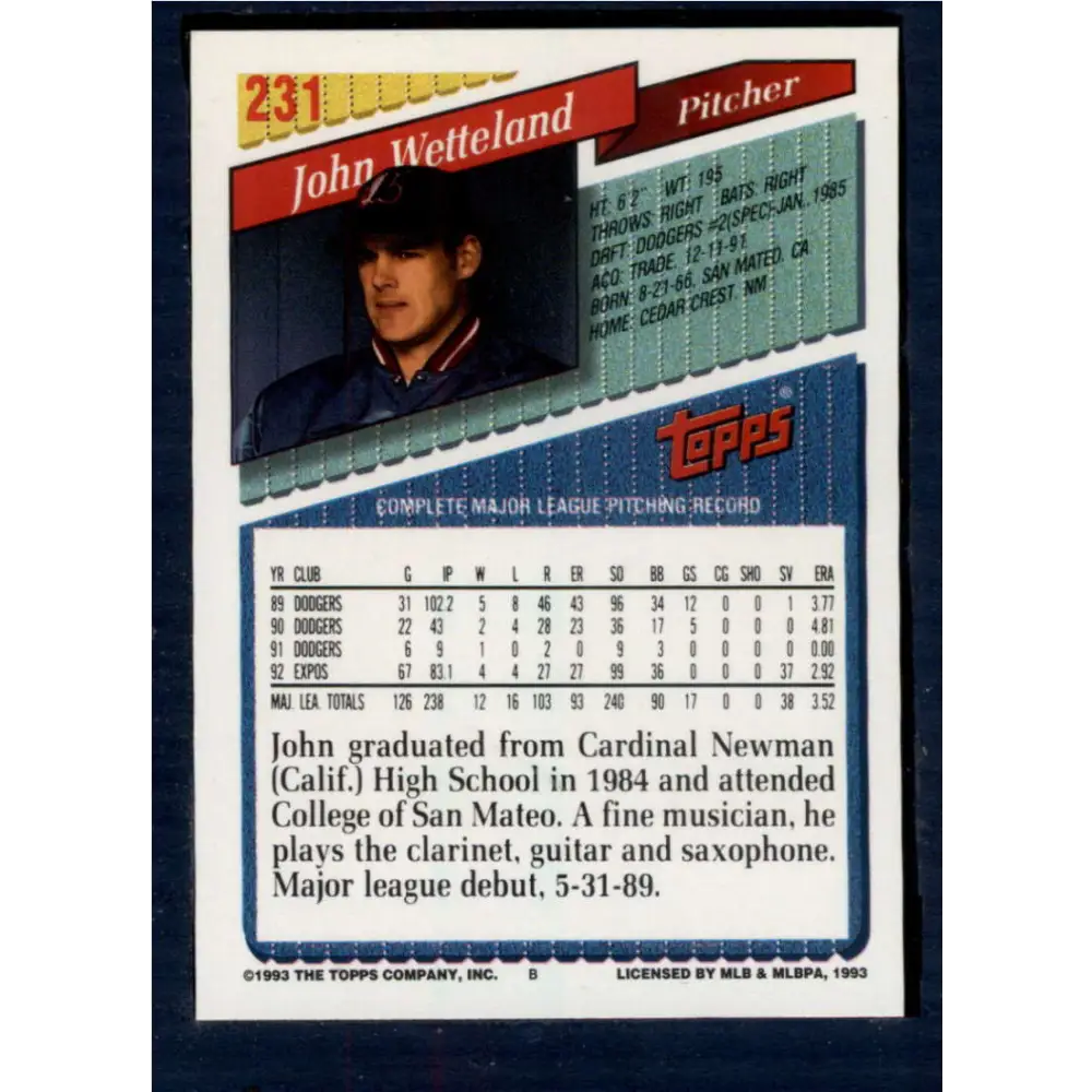 1993 Topps #231 John Wetteland NM-MT Montreal Expos Baseball Card  Image 2
