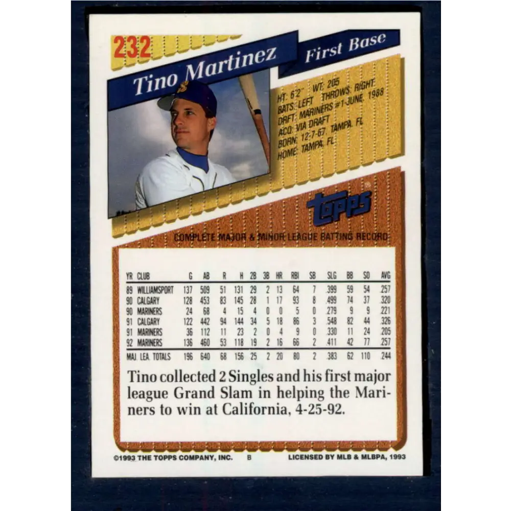 1993 Topps #232 Tino Martinez NM-MT Seattle Mariners Baseball Card  Image 2