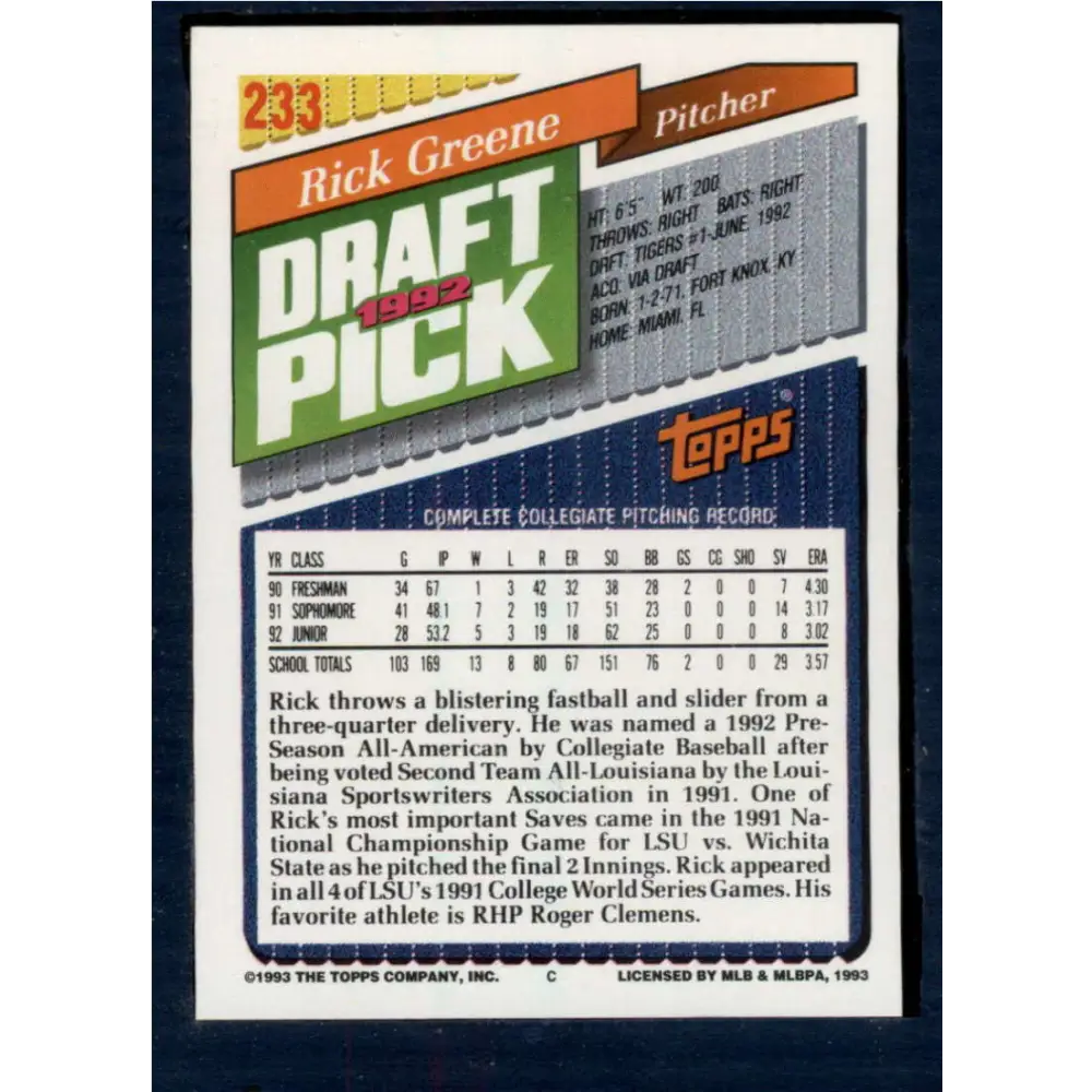 1993 Topps #233 Rick Greene NM-MT Detroit Tigers Baseball Card  Image 2