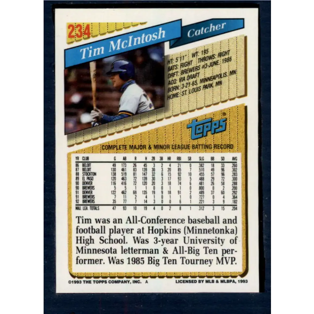 1993 Topps #234 Tim McIntosh NM-MT Milwaukee Brewers Baseball Card  Image 2