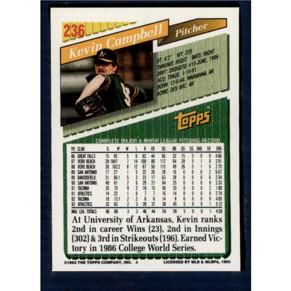 1993 Topps #236 Kevin Campbell NM-MT Oakland Athletics Baseball Card  Image 2