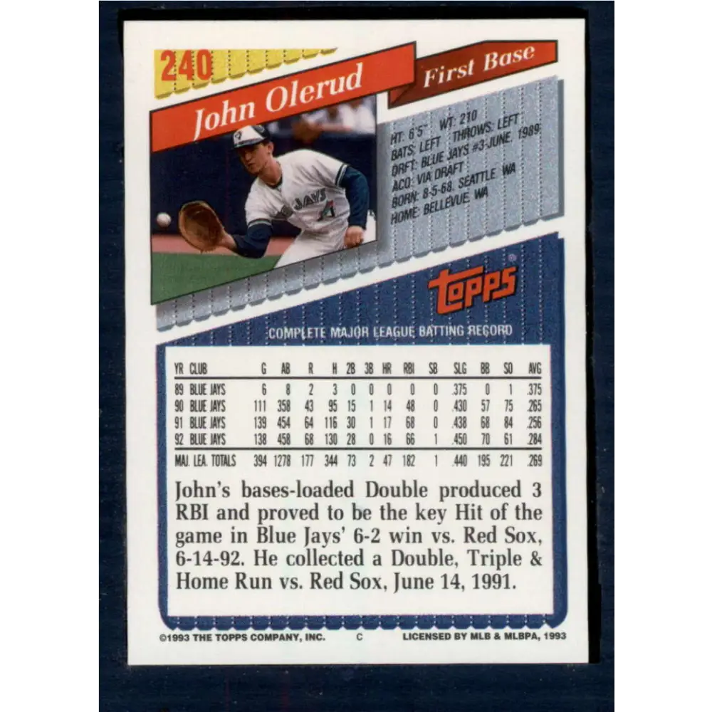1993 Topps #240 John Olerud NM-MT Toronto Blue Jays Baseball Card  Image 2