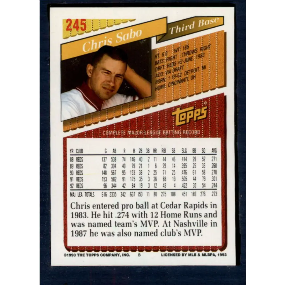 1993 Topps #245 Chris Sabo NM-MT Cincinnati Reds Baseball Card  Image 2