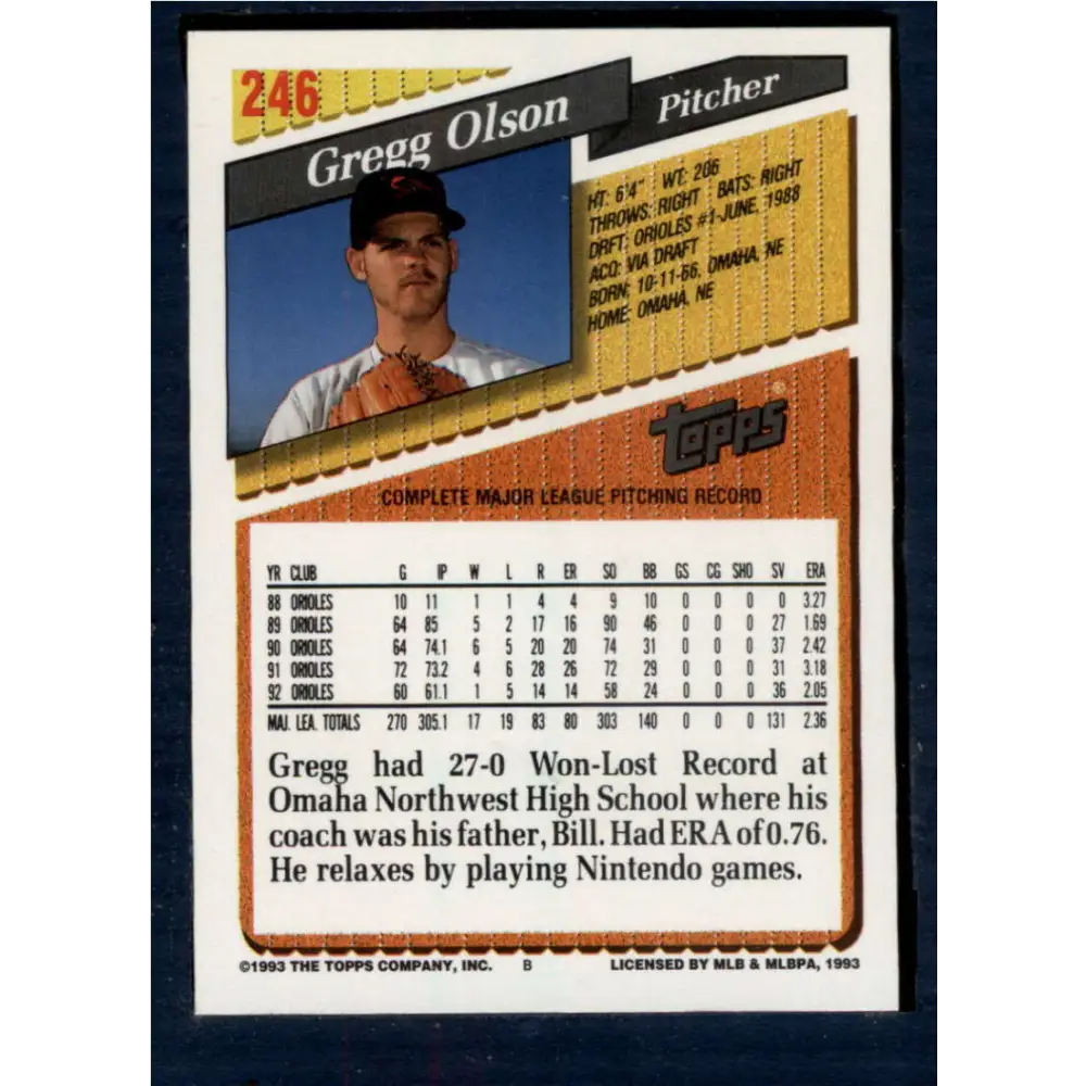 1993 Topps #246 Gregg Olson NM-MT Baltimore Orioles Baseball Card  Image 2