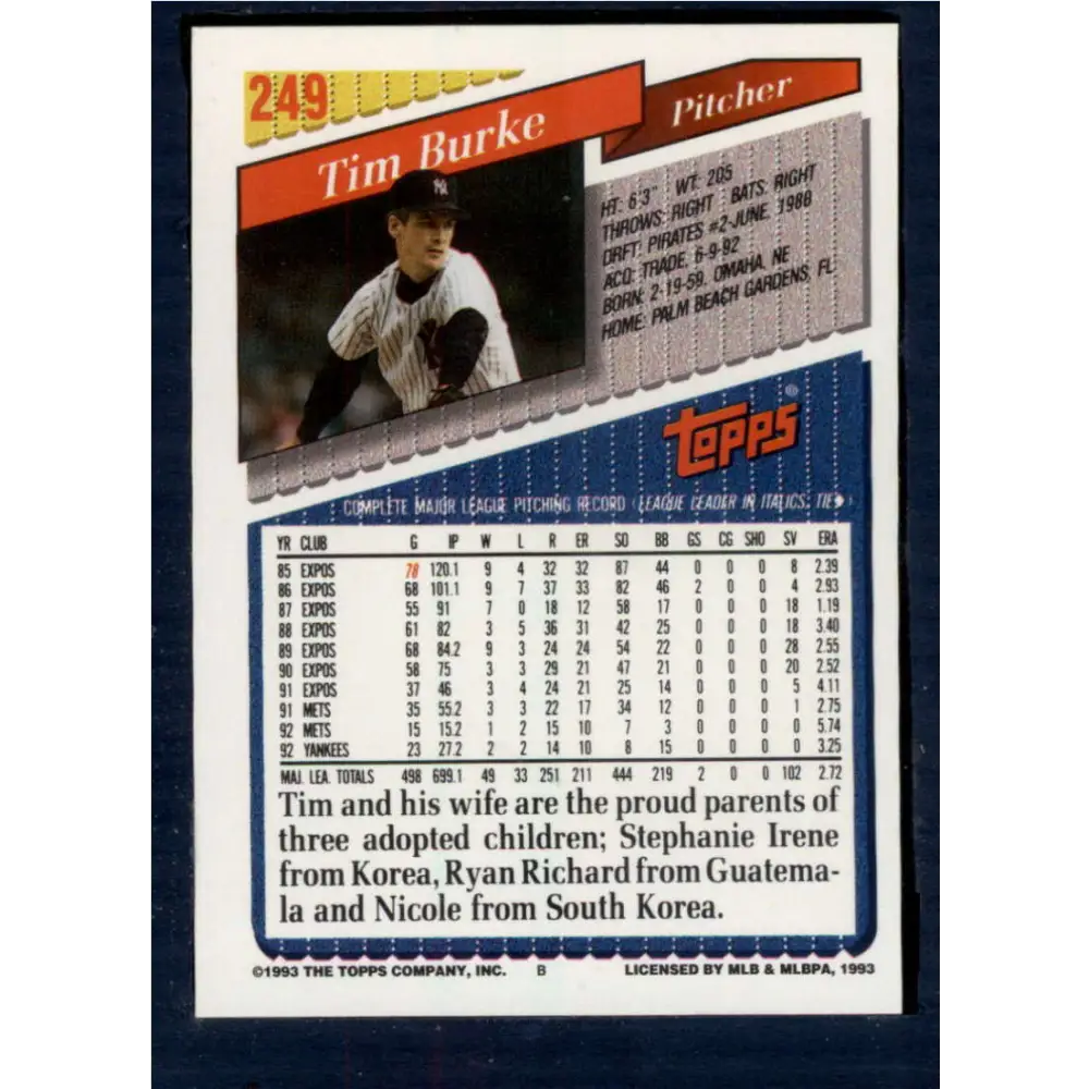1993 Topps #249 Tim Burke NM-MT New York Yankees Baseball Card  Image 2