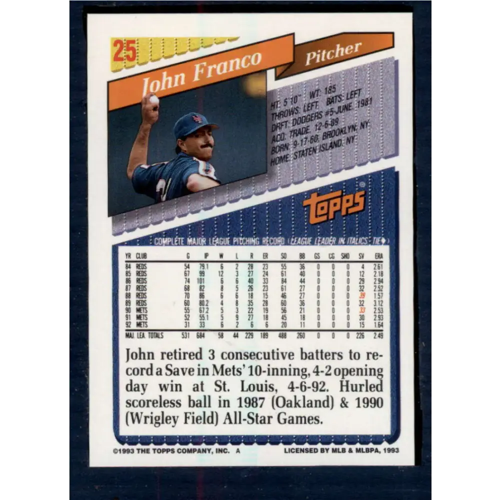 1993 Topps #25 John Franco NM-MT New York Mets Baseball Card  Image 2
