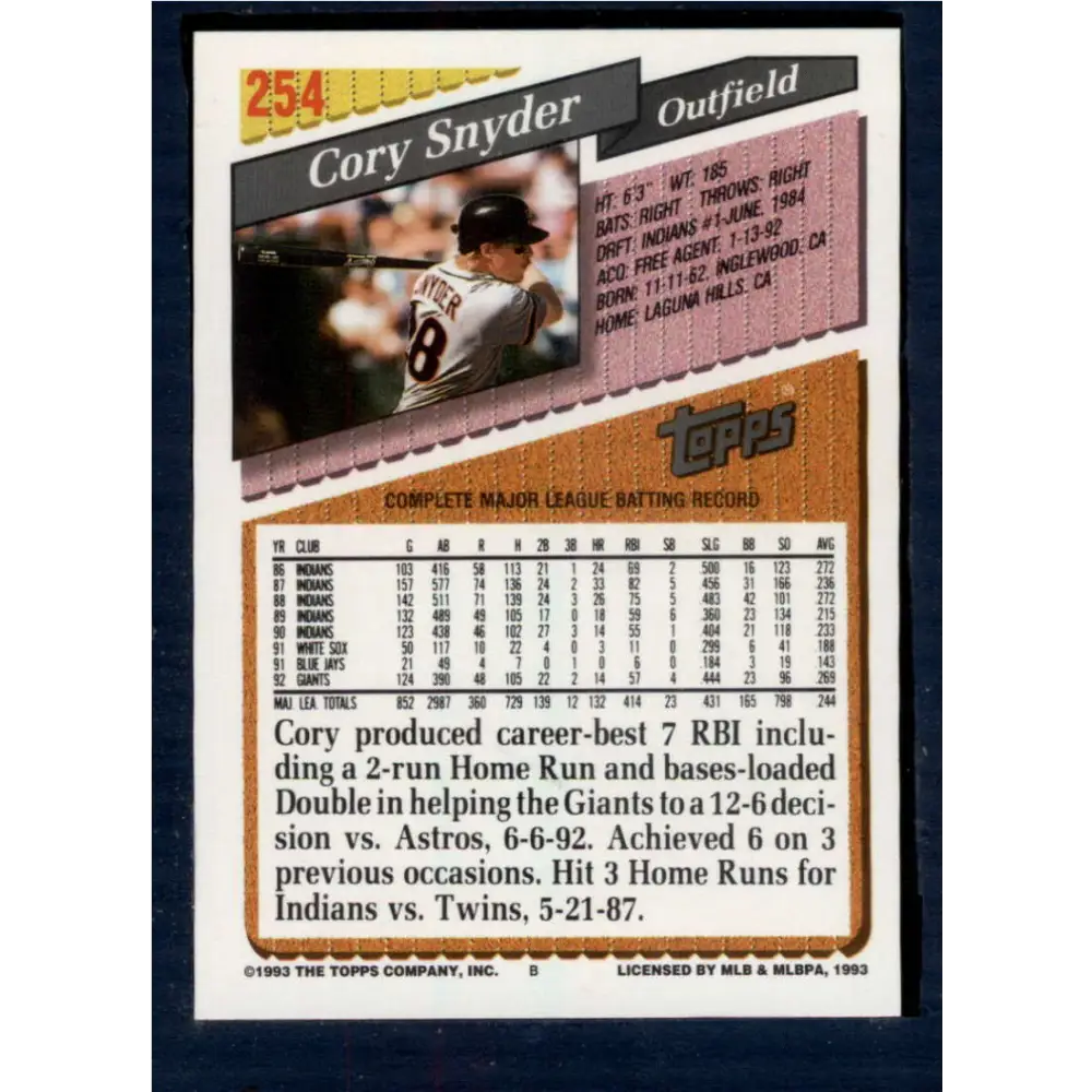 1993 Topps #254 Cory Snyder NM-MT San Francisco Giants Baseball Card  Image 2