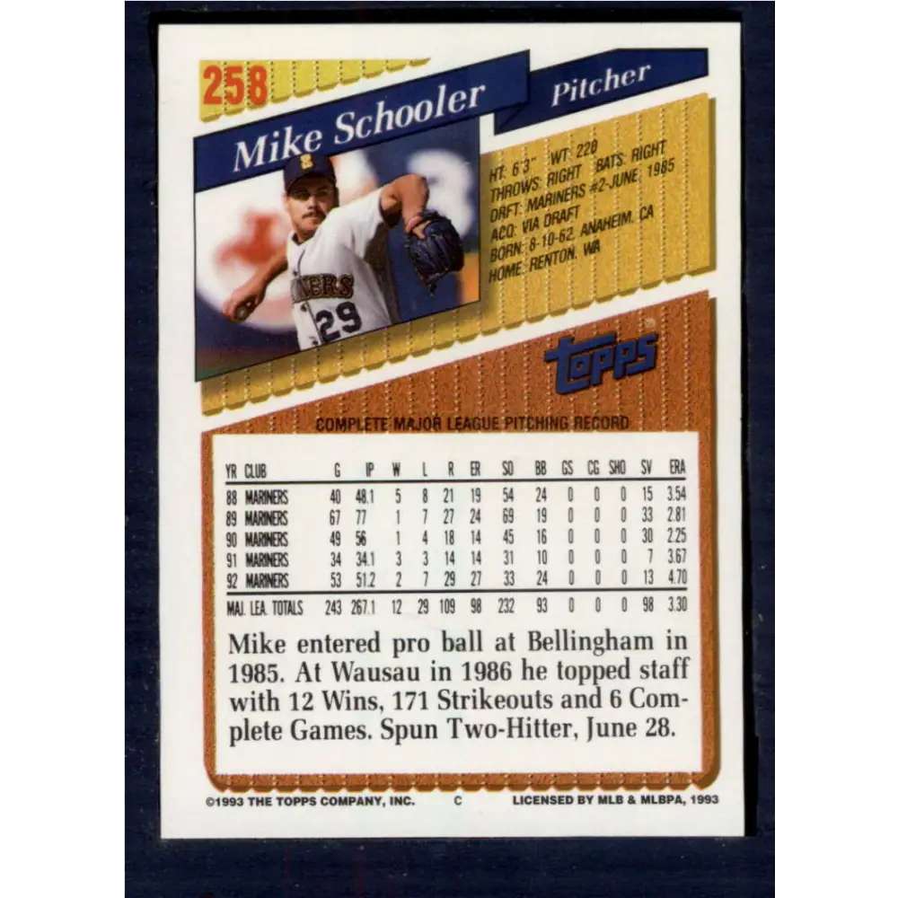 1993 Topps #258 Mike Schooler NM-MT Seattle Mariners Baseball Card  Image 2