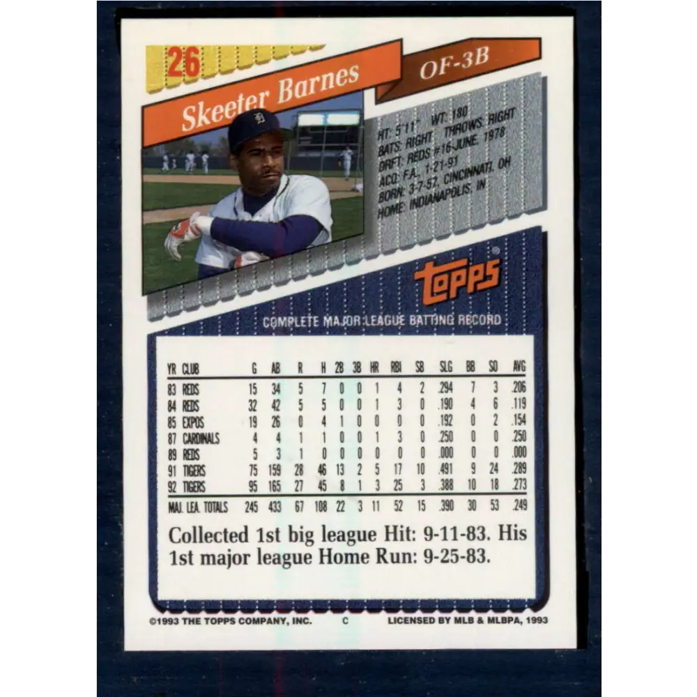 1993 Topps #26 Skeeter Barnes NM-MT Detroit Tigers Baseball Card  Image 2
