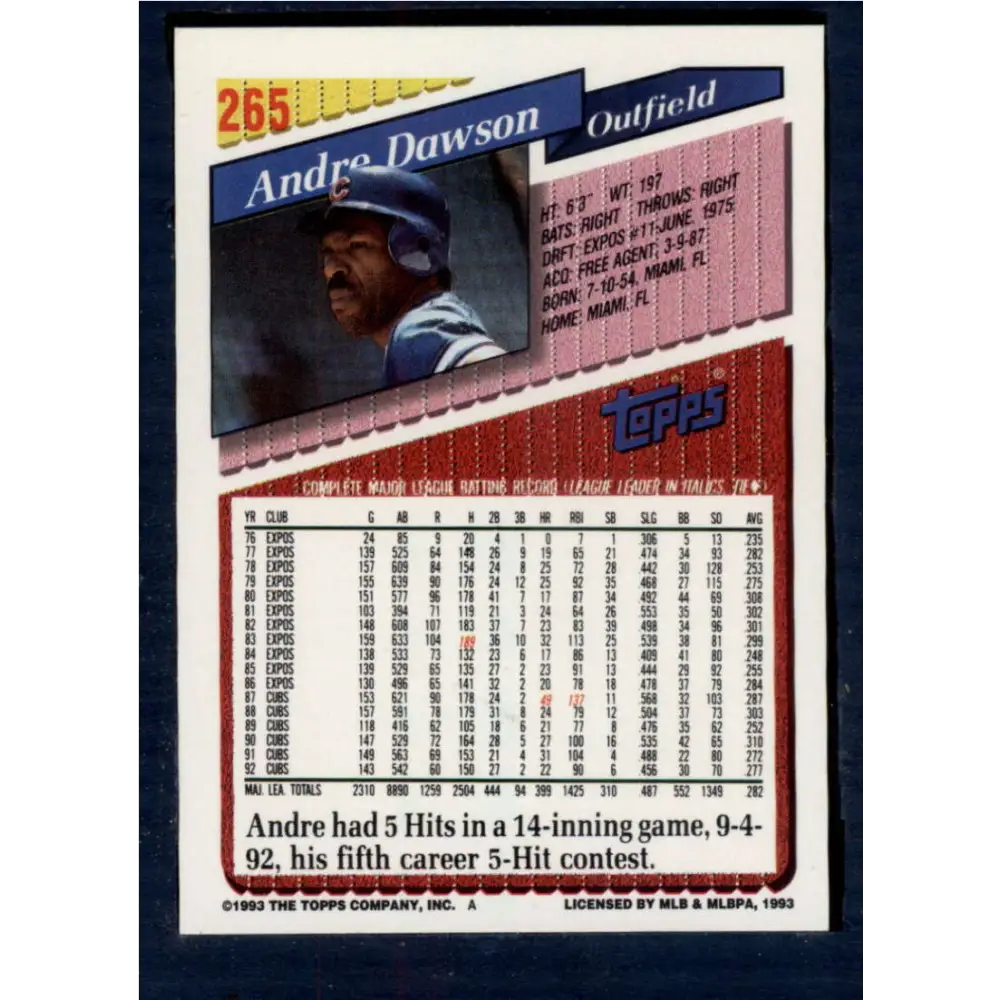 1993 Topps #265 Andre Dawson NM-MT Chicago Cubs Baseball Card  Image 2