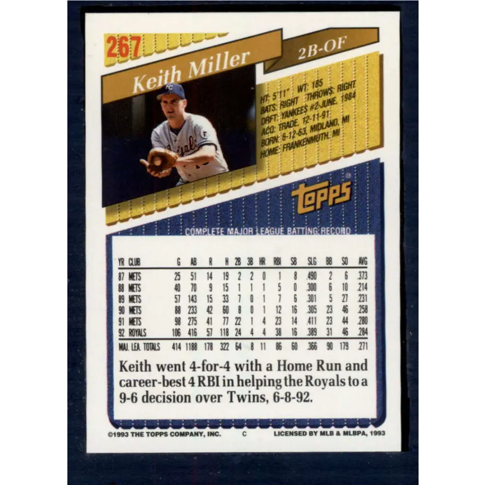 1993 Topps #267 Keith Miller NM-MT Kansas City Royals Baseball Card  Image 2