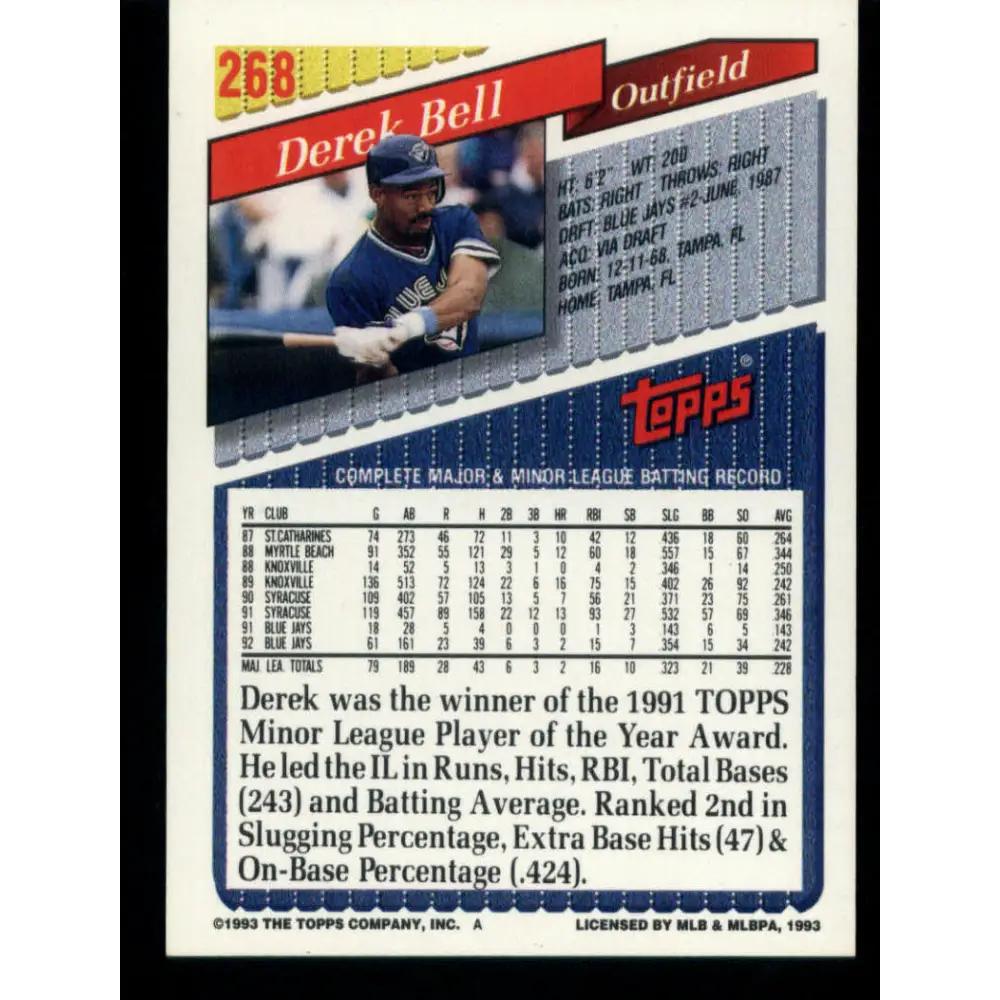 1993 Topps #268 Derek Bell NM-MT Toronto Blue Jays Baseball Card  Image 2