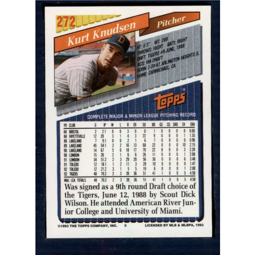 1993 Topps #272 Kurt Knudsen NM-MT Detroit Tigers Baseball Card  Image 2