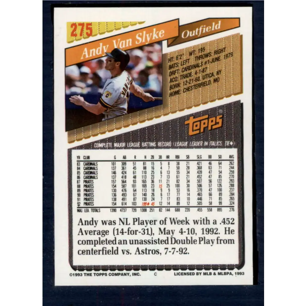 1993 Topps #275 Andy Van Slyke NM-MT Pittsburgh Pirates Baseball Card  Image 2